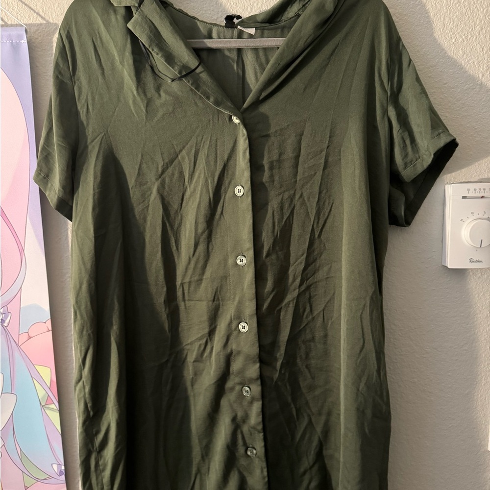 Olive Green Button-Front Women's shirt dress